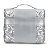 Quilted Silver Vanity Box with Mirror, Foldable Trays & Spacious Compartments for Women